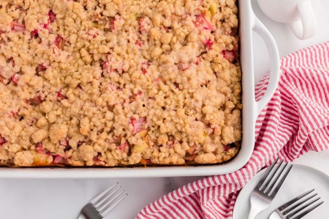 overhead view of a rhubarb crumbcake