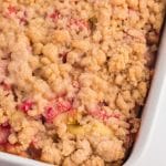 rhubarb streusel coffee cake in a baking pan