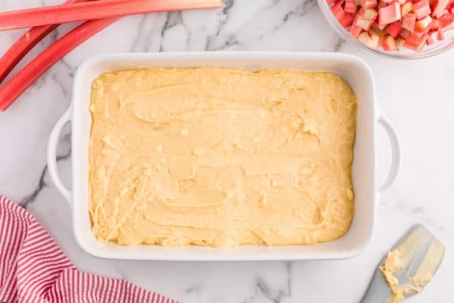 cake batter in a baking pan