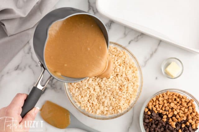 pouring caramel sauce over cereal