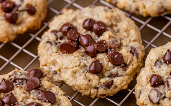 loaded chocolate chip cookies on a wire rack