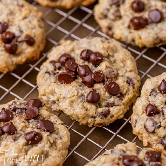 loaded chocolate chip cookies on a wire rack