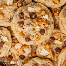 an overhead shot of a pile of kitchen sink cookies