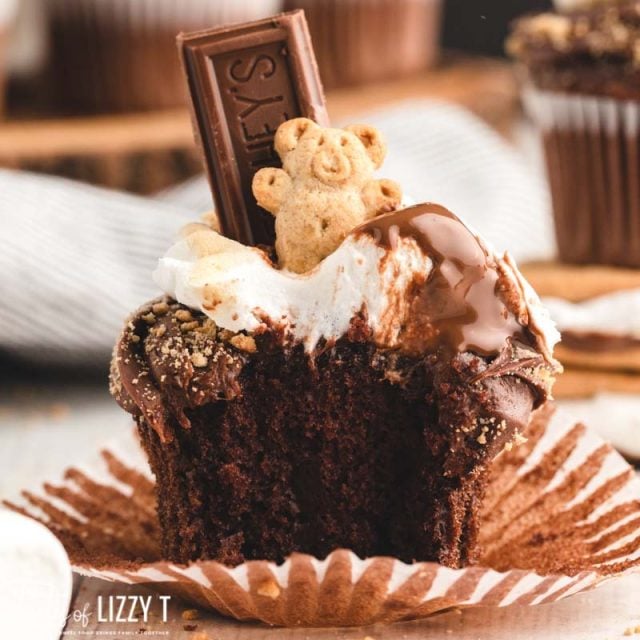 half of a s'more cupcake sitting on a table