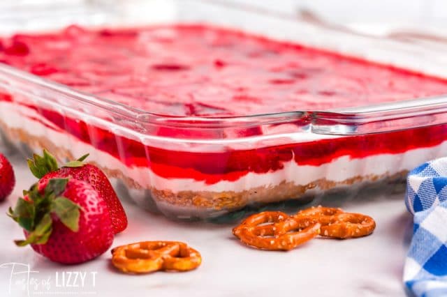 strawberry pretzel dessert in a pan