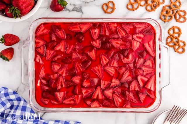 overhead view of strawberry pretzel dessert