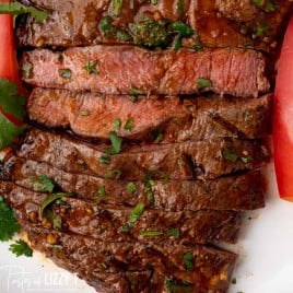closeup of sliced flat iron steak