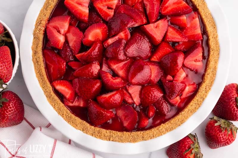 overhead view of a fresh strawberry pie