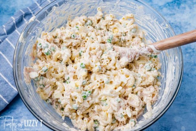 tuna macaroni salad in a bowl