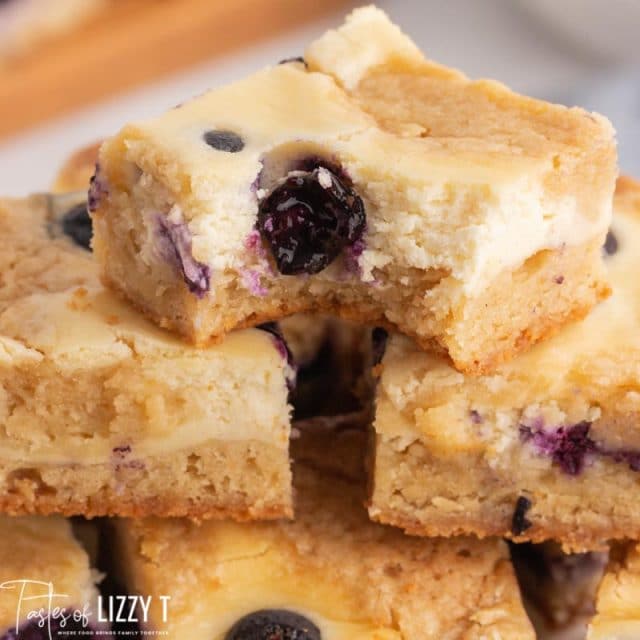 closeup of a blueberry blondies with a bite out