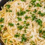 closeup of brown butter spaghetti in a skillet