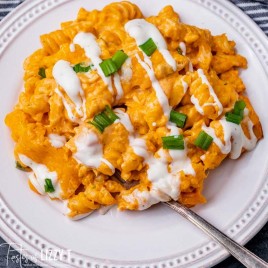 buffalo chicken pasta on a plate drizzled with ranch