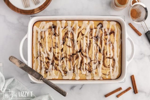 overhead view of glazed cinnamon roll cake