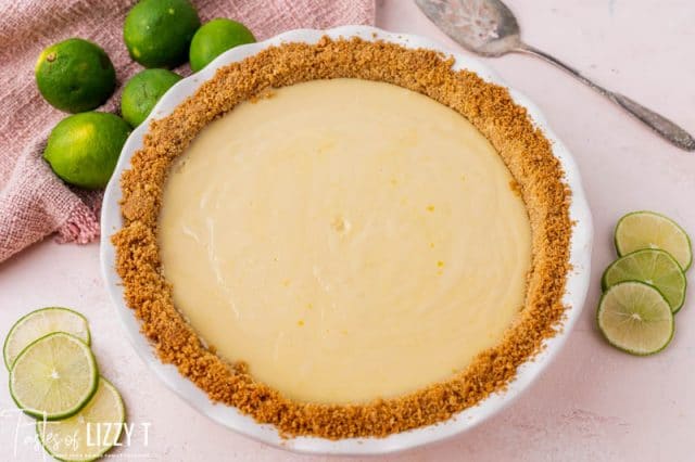 baked key lime pie in a pie plate