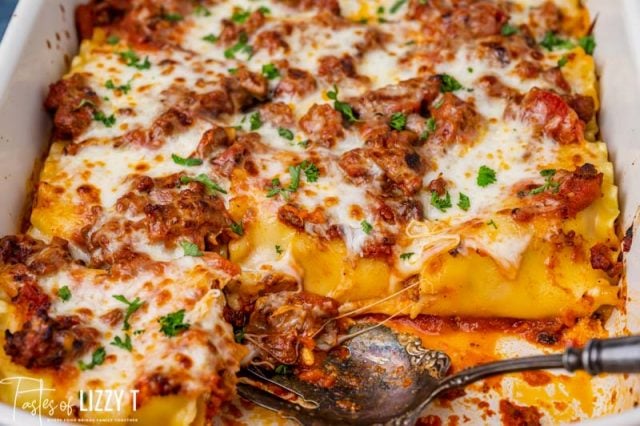 lasagna casserole with two pieces missing