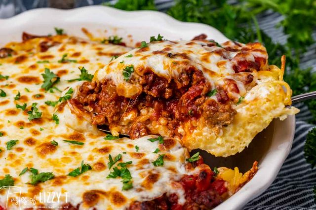 a slice of spaghetti casserole on a spatula