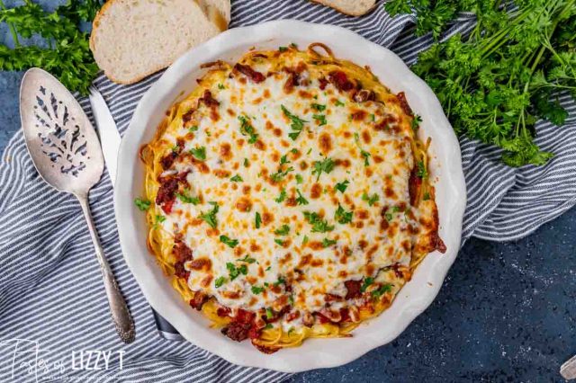 overhead view of spaghetti pie