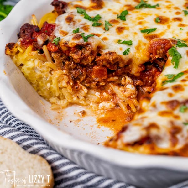 closeup of spaghetti pie in a casserole dish