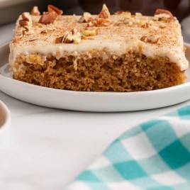a closeup of a slice of apple butter cake