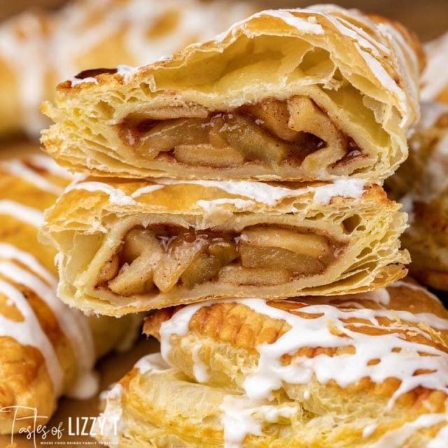 a puff pastry apple turnover sliced in half