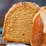 closeup of a piece of brown sugar bundt cake on a plate