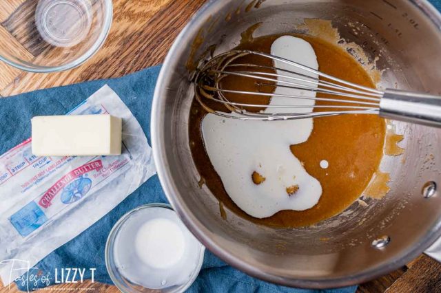 mixing cream into brown sugar and butter