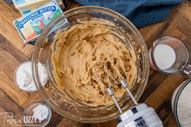 butter and brown sugar creamed in a bowl