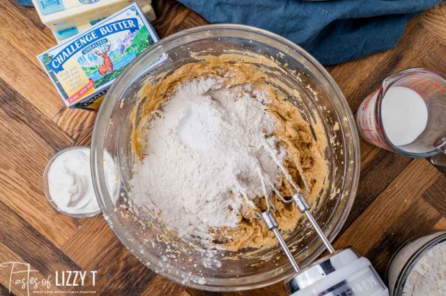 mixing flour into cake batter