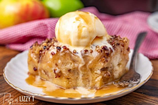 caramel apple bread pudding with ice cream and one bite missing