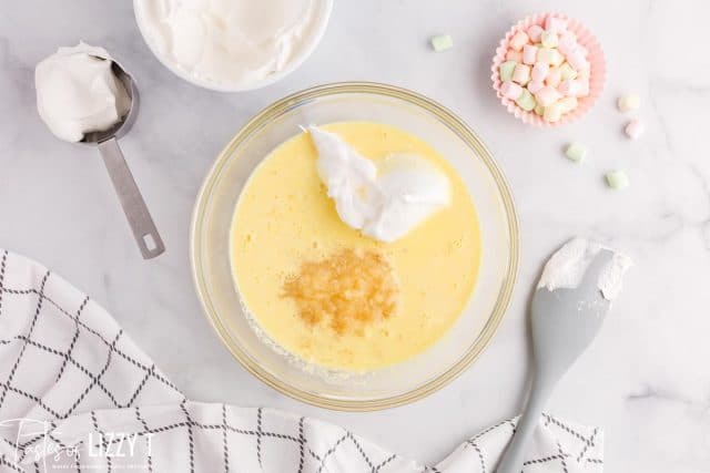 lemon jello, pineapple and mayonnaise in a bowl