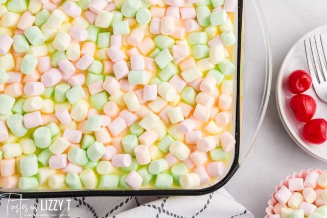 overhead view of marshmallow covered jello