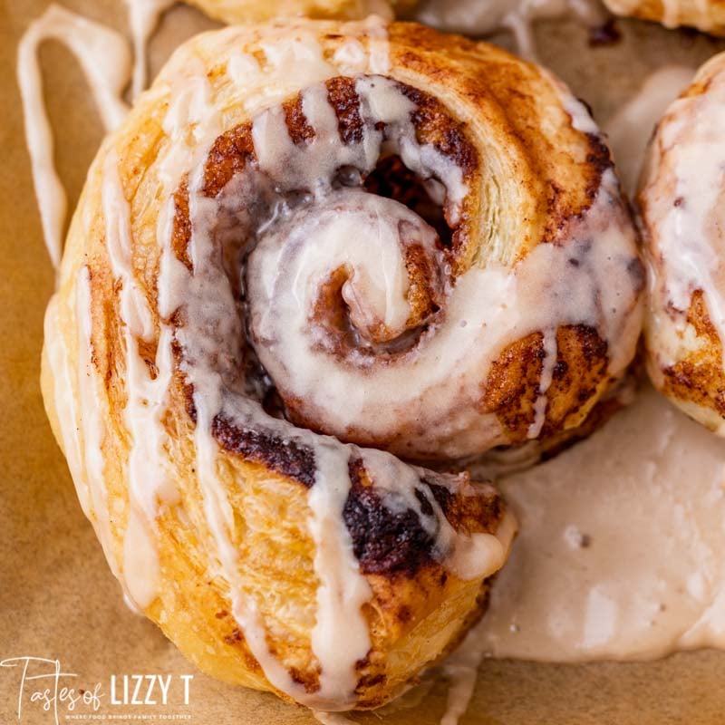 overhead view of a cinnamon swirl with glaze