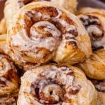 closeup of puff pastry cinnamon rolls in a pile