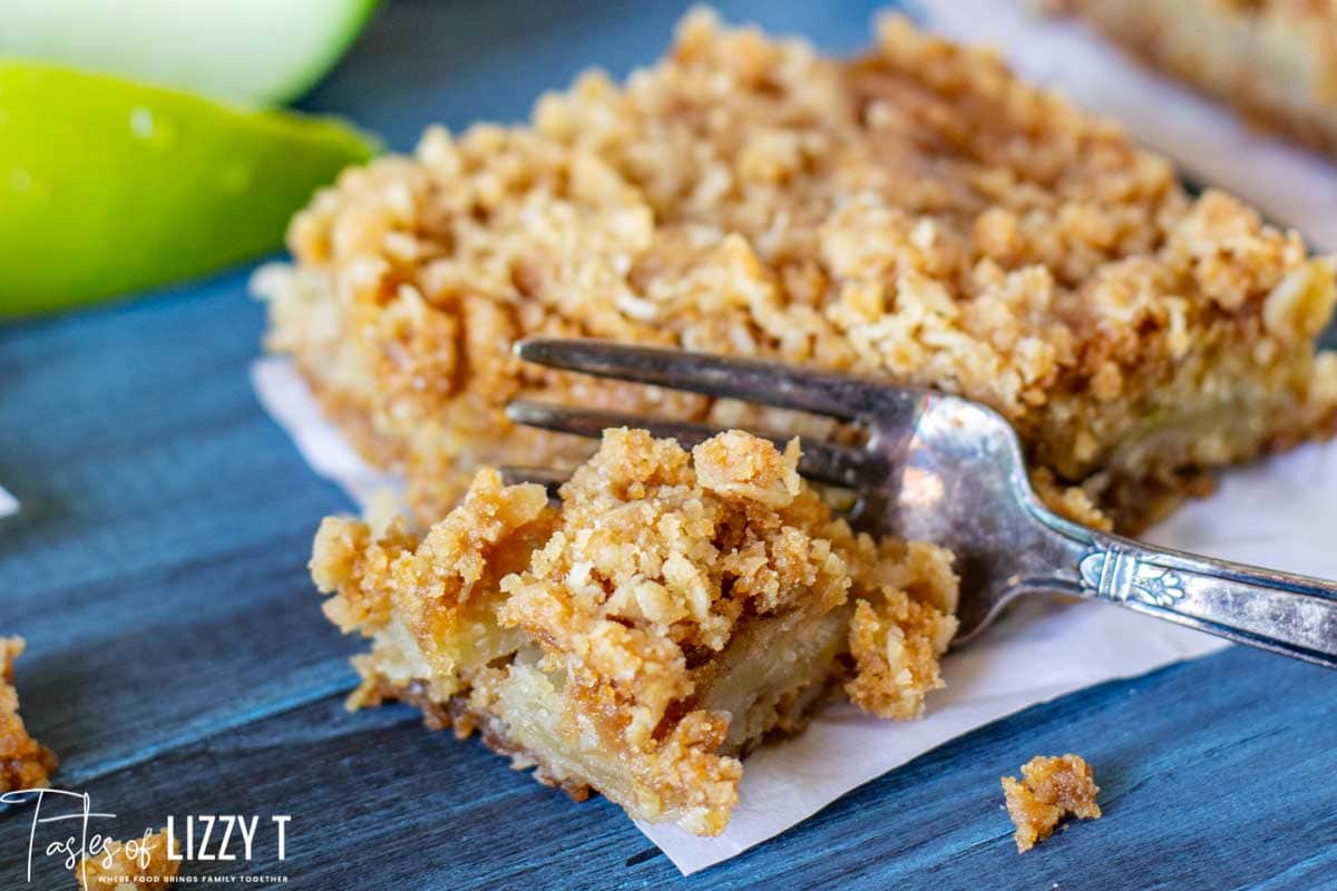 a piece of apple bar with a fork