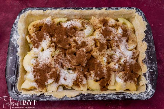 apples with sugar and cinnamon over them in a baking pan