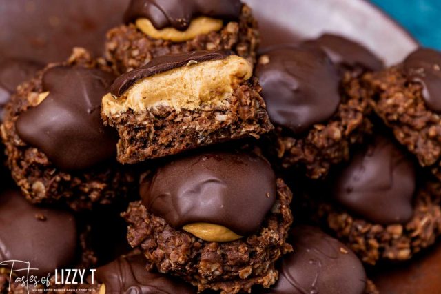 no bake buckeye cookies with one cut in half