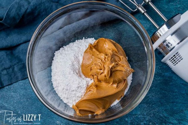 peanut butter and powdered sugar in a bowl