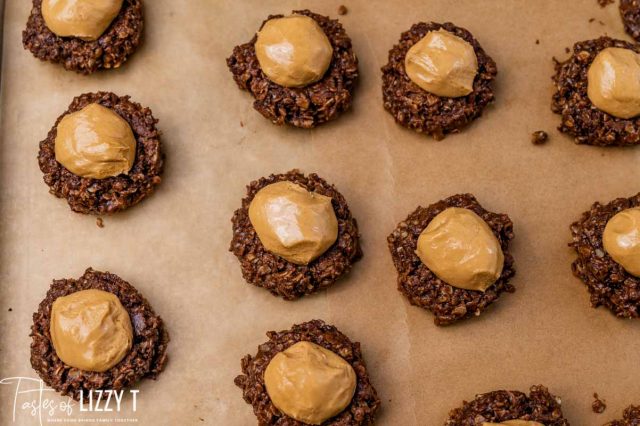 no bake cookies with a peanut butter ball on top