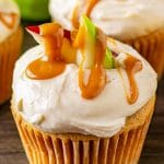 cupcakes with apple slices and caramel on top