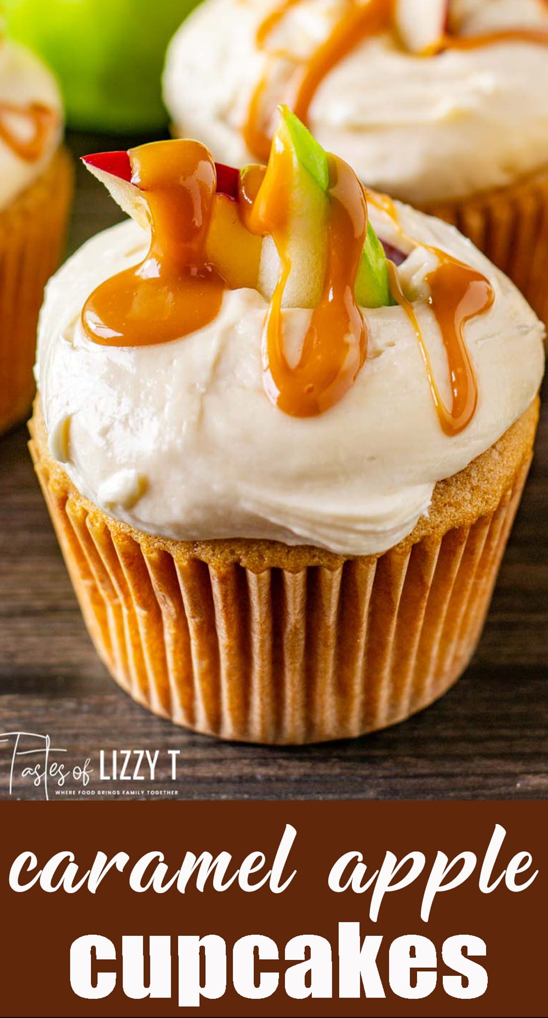Caramel apple cupcakes are soft cupcakes flavored with apples and caramel in both the cupcake and the buttercream frosting. Decorate the top with apple slices and drizzle with caramel for a pretty look. via @tastesoflizzyt