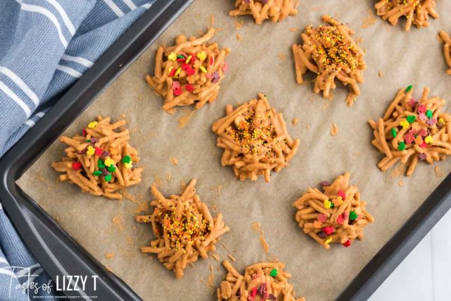 peanut butter haystack cookies on a pan