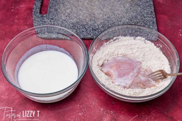 two bowls, one with flour and one with buttermilk