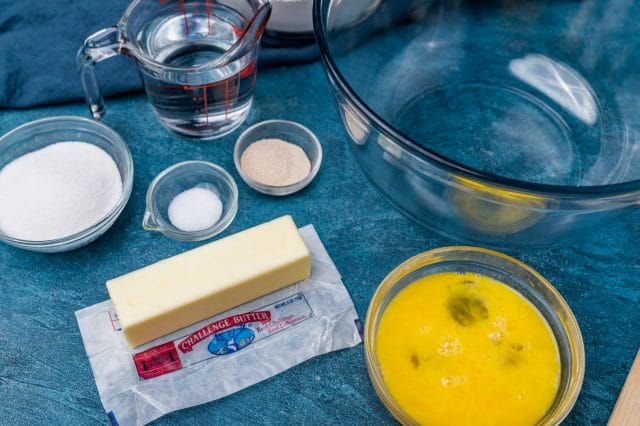 ingredients for butterhorn dinner rolls on a table