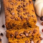 loaf of pumpkin bread with chocolate chips on a table
