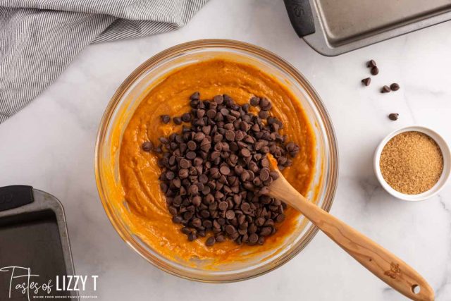chocolate chips over pumpkin batter in a bowl