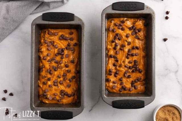 unbaked loaves of chocolate chip pumpkin bread