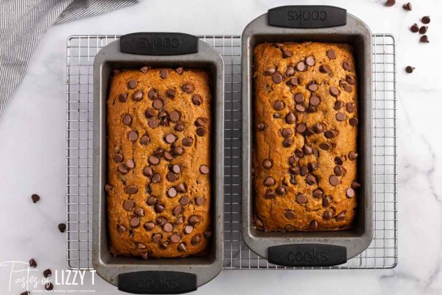 two loaves of chocolate chip pumpkin bread