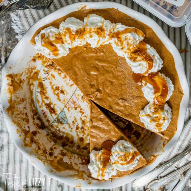 overhead view of a frozen pumpkin pie