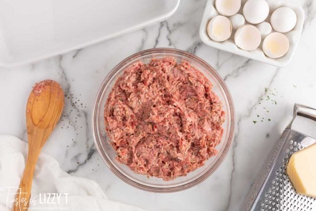 ground beef mixture for homemade meatballs in a bowl