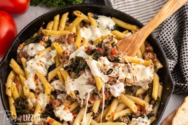 overhead view of a sausage pasta skillet